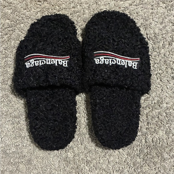 Balenciaga Black Fuzzy Logo Slide Sandals with Stripe Detail